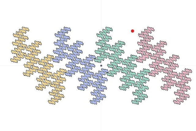 Four coloured first-level pieces of a collinear self-similar set, captured from the current explorer.