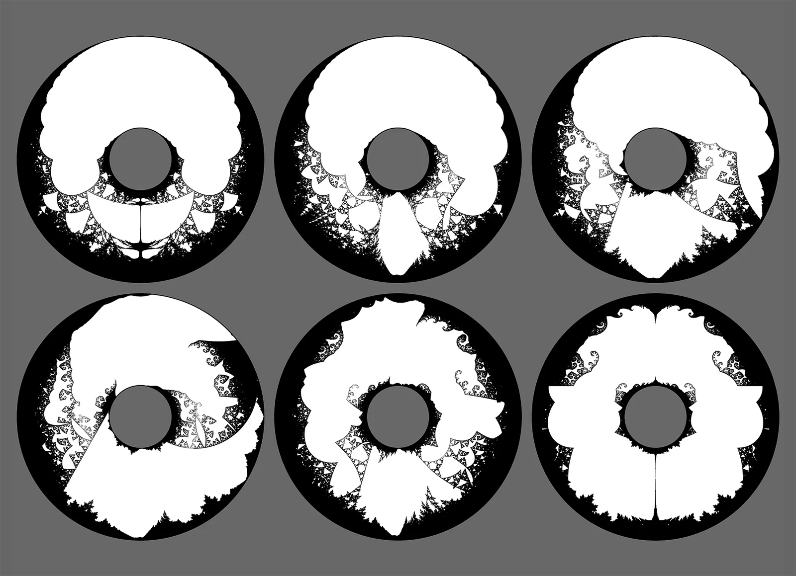 Six frames from the 2019 animation Tour into a one-parameter space of connected self-similar sets.